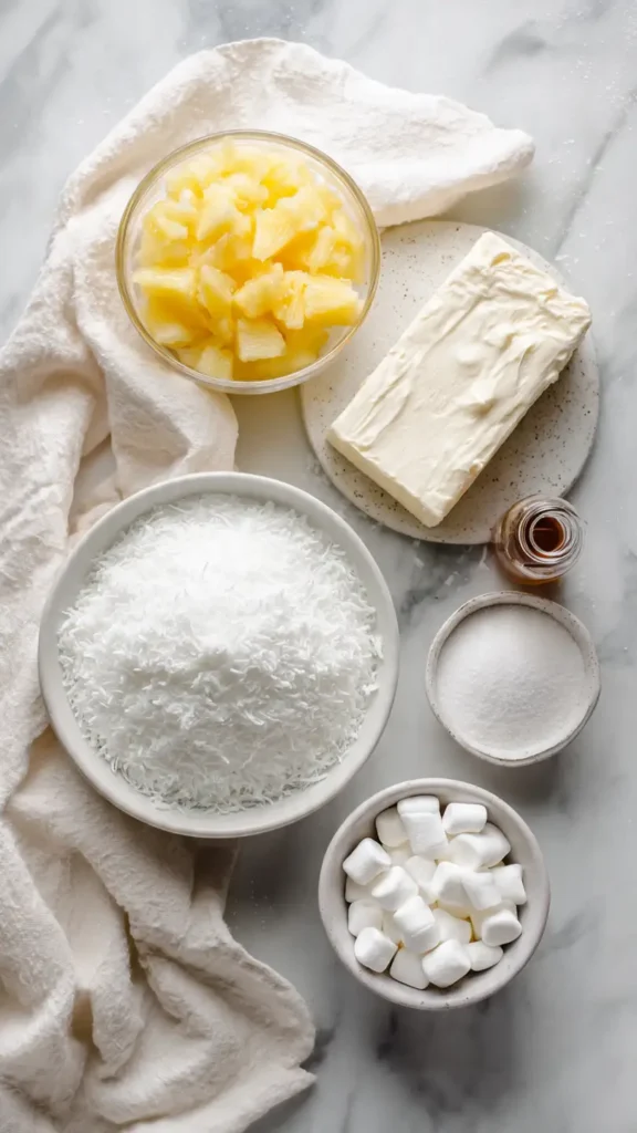 Overhead view of all ingredients needed for Hawaiian pineapple coconut cream fluff including cream cheese, heavy cream, pineapple, coconut, and marshmallows