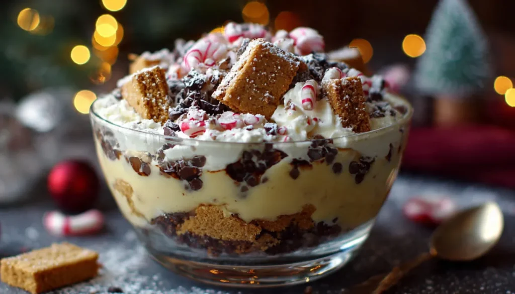 Christmas layered dessert Heaven in a Bowl with graham crackers, cream cheese, pudding, candy canes and chocolate chips in glass trifle bowl