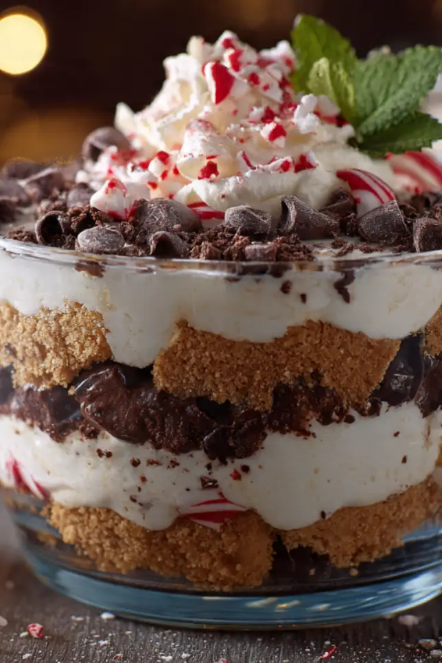 Christmas layered dessert Heaven in a Bowl with graham crackers, cream cheese, pudding, candy canes and chocolate chips in glass trifle bowl