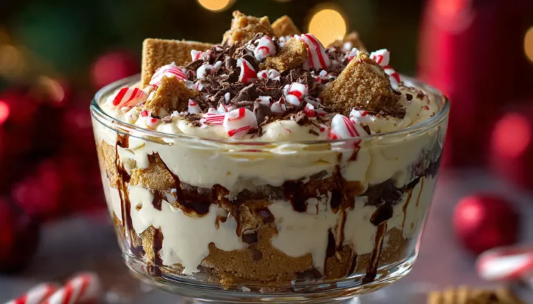 Christmas layered dessert Heaven in a Bowl with graham crackers, cream cheese, pudding, candy canes and chocolate chips in glass trifle bowl