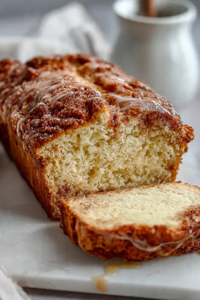 Sliced Amish cinnamon bread on wooden board showing beautiful cinnamon swirl pattern