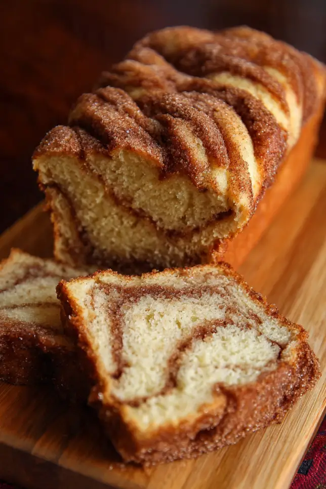 Sliced Amish cinnamon bread on wooden board showing beautiful cinnamon swirl pattern
