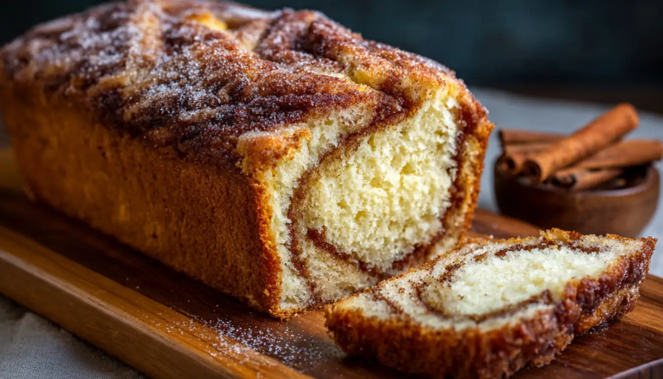 Sliced Amish cinnamon bread on wooden board showing beautiful cinnamon swirl pattern