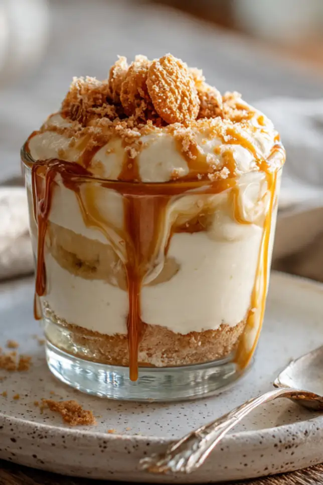 Layered banana pudding with salted caramel drizzle in glass trifle bowl topped with whipped cream