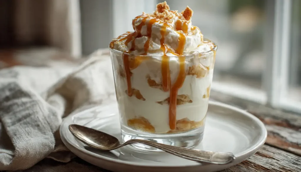 Layered banana pudding with salted caramel drizzle in glass trifle bowl topped with whipped cream