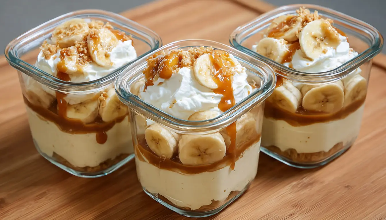 Layered banana pudding with salted caramel drizzle in glass trifle bowl topped with whipped cream