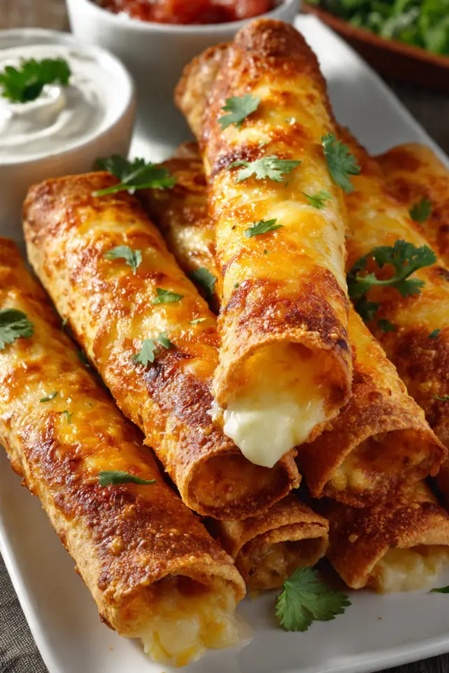 Golden brown cheesy taco sticks filled with seasoned ground beef and melted cheese, arranged on a white plate with sour cream and salsa