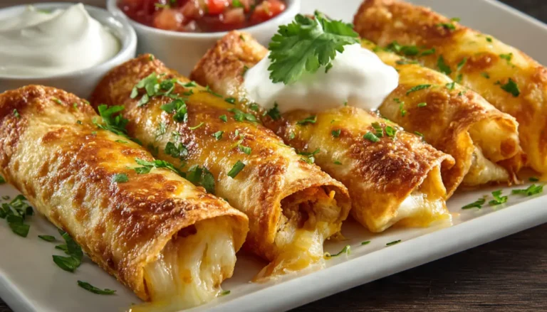 Golden brown cheesy taco sticks filled with seasoned ground beef and melted cheese, arranged on a white plate with sour cream and salsa