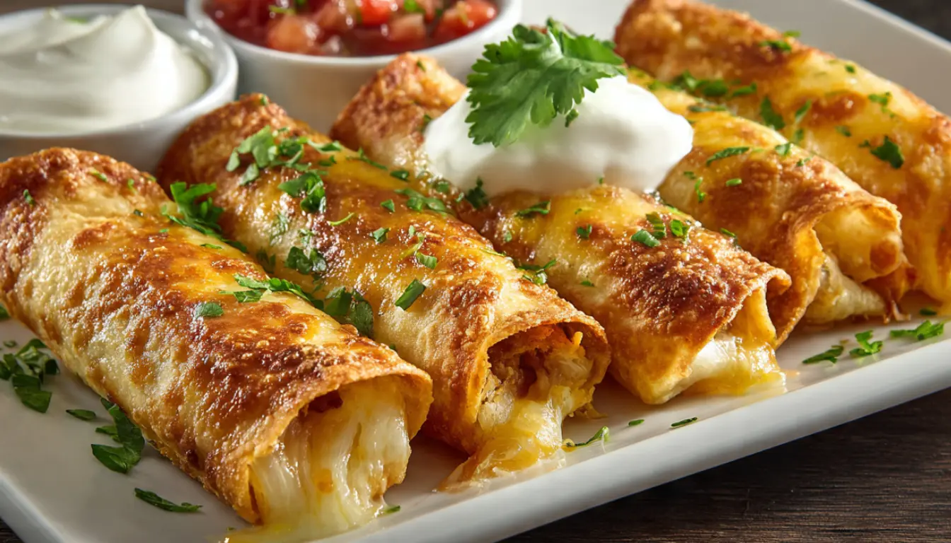 Golden brown cheesy taco sticks filled with seasoned ground beef and melted cheese, arranged on a white plate with sour cream and salsa