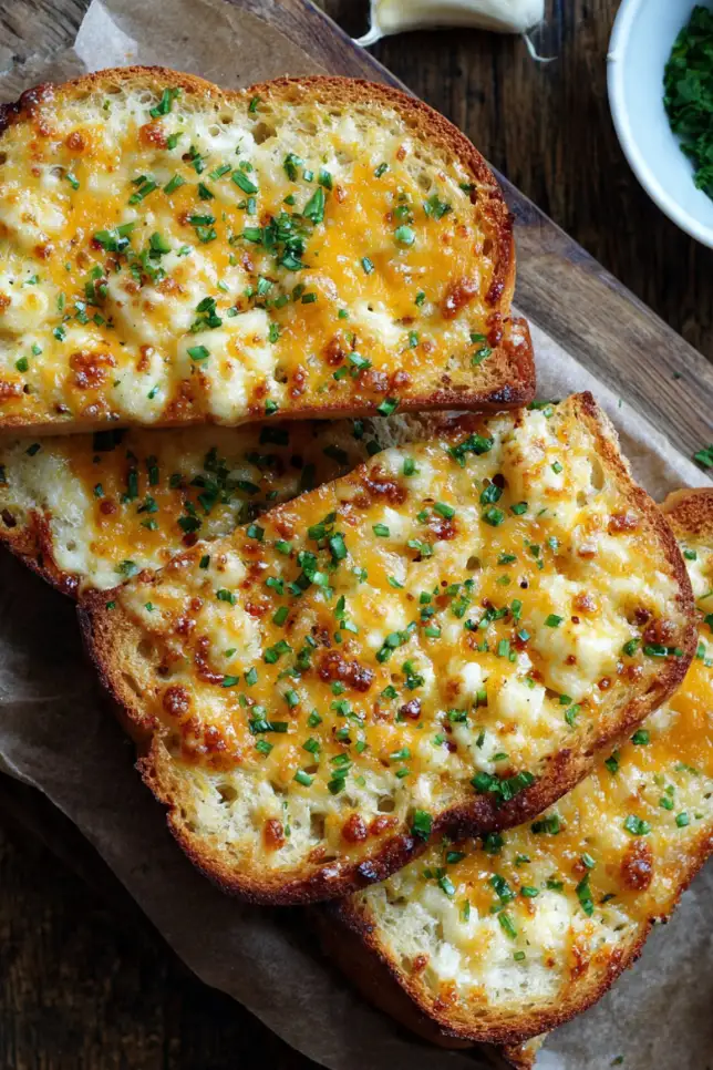 Cheesy Texas toast garlic bread with melted mozzarella and Parmesan cheese on rustic wooden board with fresh parsley garnish