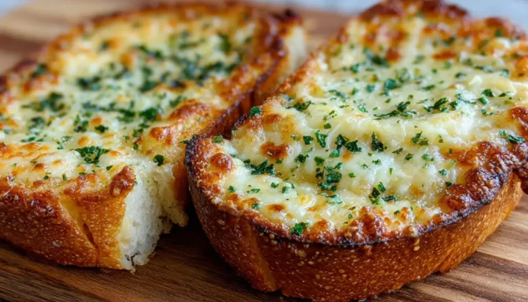 Cheesy Texas toast garlic bread with melted mozzarella and Parmesan cheese on rustic wooden board with fresh parsley garnish