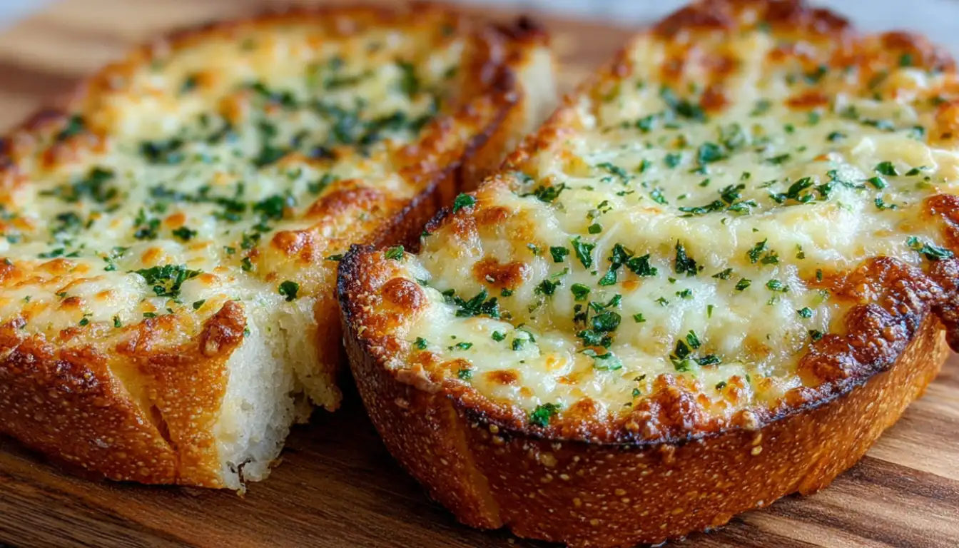 Cheesy Texas toast garlic bread with melted mozzarella and Parmesan cheese on rustic wooden board with fresh parsley garnish