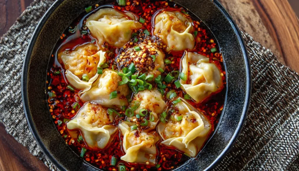 Chicken wontons in spicy chili sauce garnished with green onions and sesame seeds in a white bowl