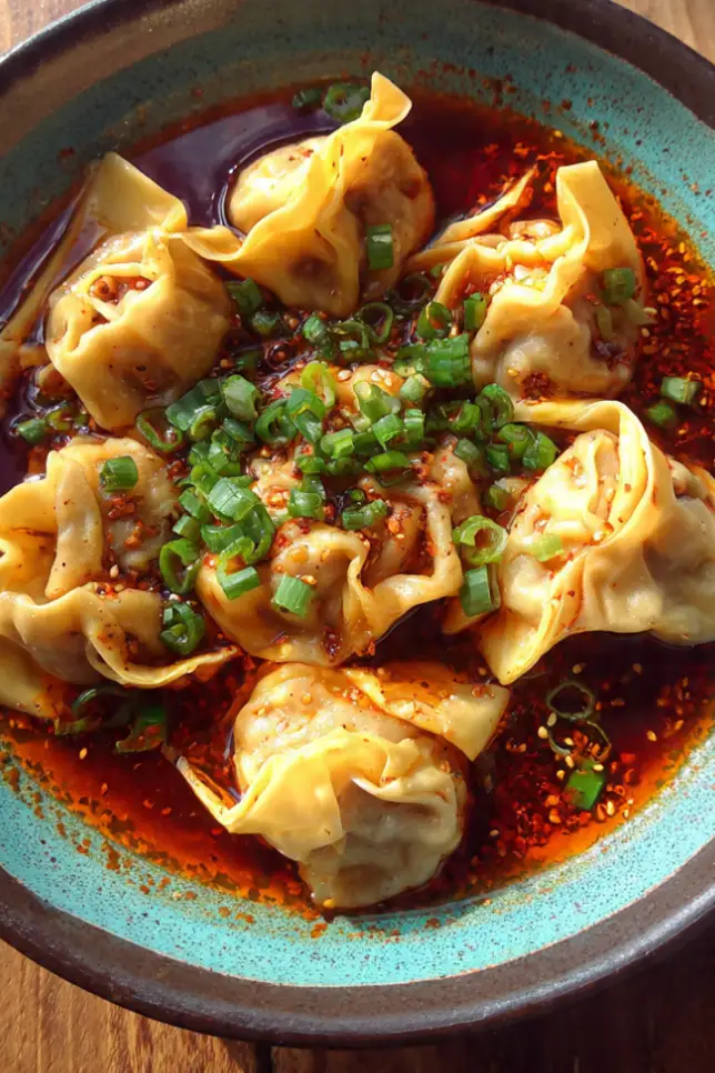 Chicken wontons in spicy chili sauce garnished with green onions and sesame seeds in a white bowl