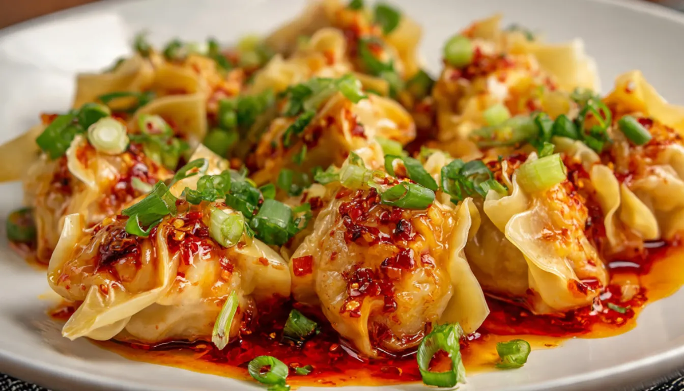 Chicken wontons in spicy chili sauce garnished with green onions and sesame seeds in a white bowl