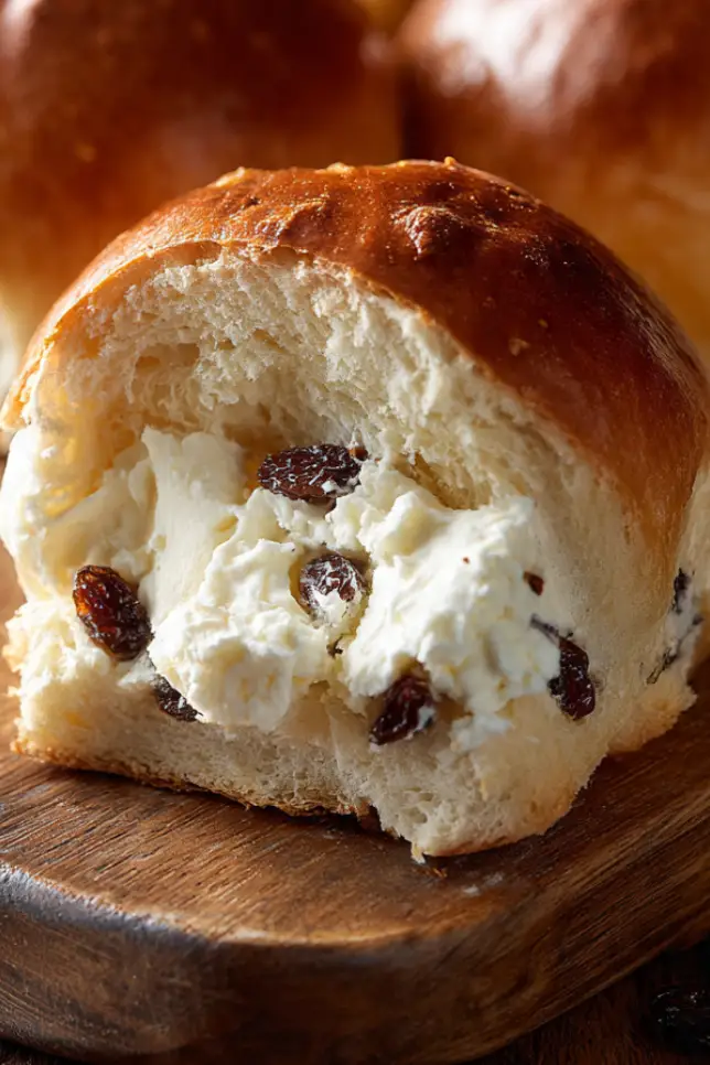 Japanese cream cheese raisin buns on wooden board with one torn open showing cream cheese filling and raisins
