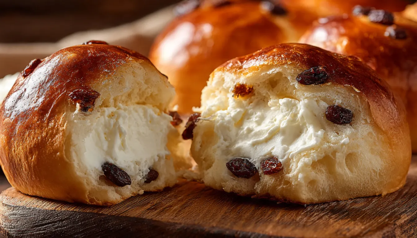 Japanese cream cheese raisin buns on wooden board with one torn open showing cream cheese filling and raisins