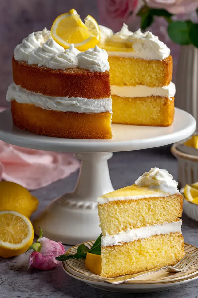 Melt-in-your-mouth lemon cream cake with two tender layers and whipped cream filling on white cake stand