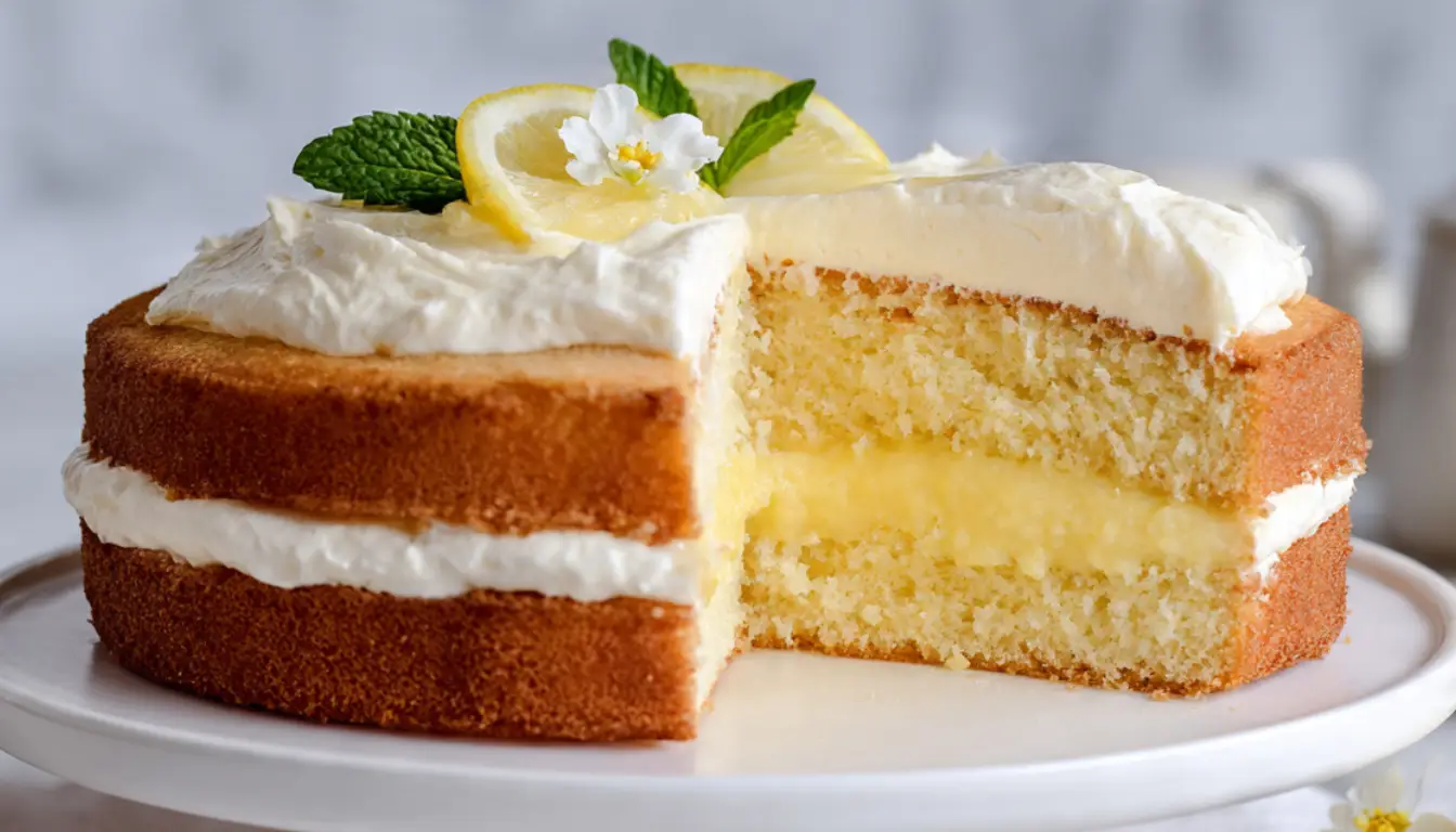 Melt-in-your-mouth lemon cream cake with two tender layers and whipped cream filling on white cake stand