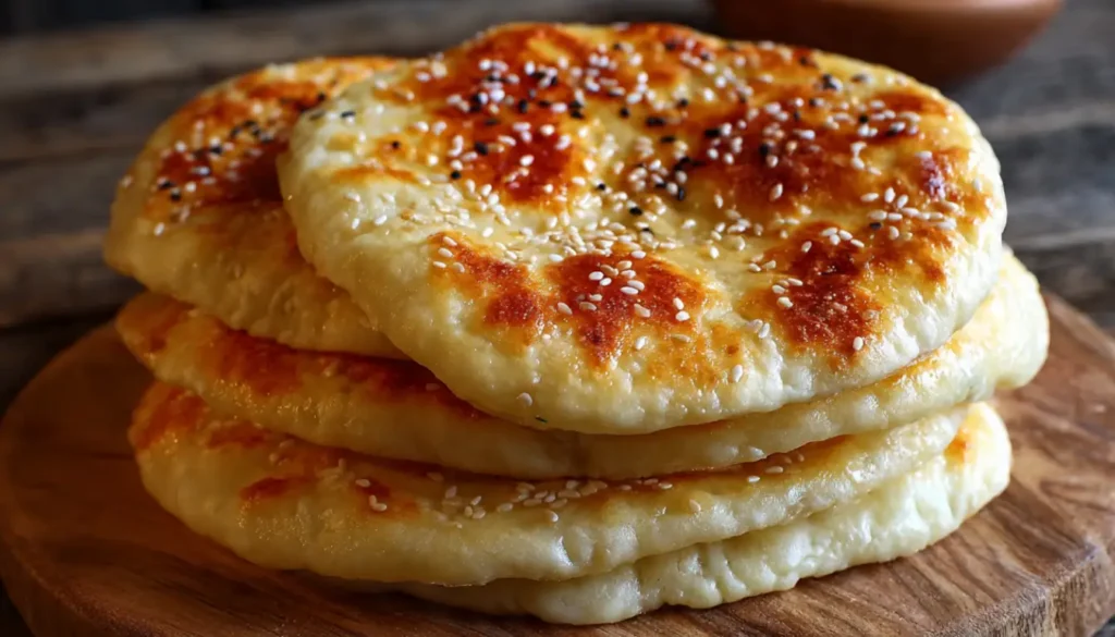 Stack of freshly baked Turkish bread (pide) with golden brown crust, sesame seed topping, and one torn open showing soft fluffy interior on rustic wooden board