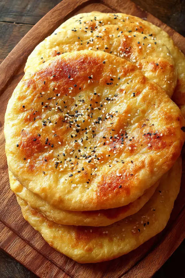 Stack of freshly baked Turkish bread (pide) with golden brown crust, sesame seed topping, and one torn open showing soft fluffy interior on rustic wooden board