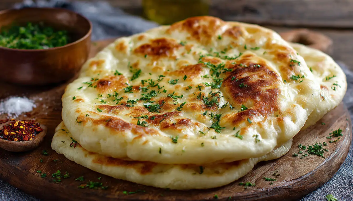 Stack of freshly baked Turkish bread (pide) with golden brown crust, sesame seed topping, and one torn open showing soft fluffy interior on rustic wooden board
