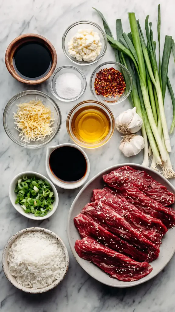 All ingredients for sticky honey garlic beef recipe including sliced beef, honey, soy sauce, garlic, and garnishes arranged on marble surface