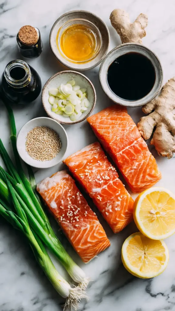 Overhead view of fresh ingredients for air fryer honey garlic salmon including salmon fillets, honey, garlic, soy sauce, ginger, and lemon on marble counter