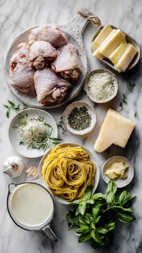 Fresh ingredients for garlic butter chicken and creamy herb linguine including raw chicken, garlic, butter, pasta, and herbs