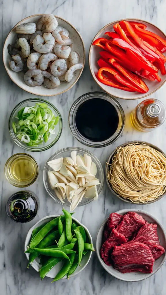 Fresh ingredients for steak and shrimp stir-fry noodles including raw beef, shrimp, vegetables, noodles, and Asian sauces on a marble counter