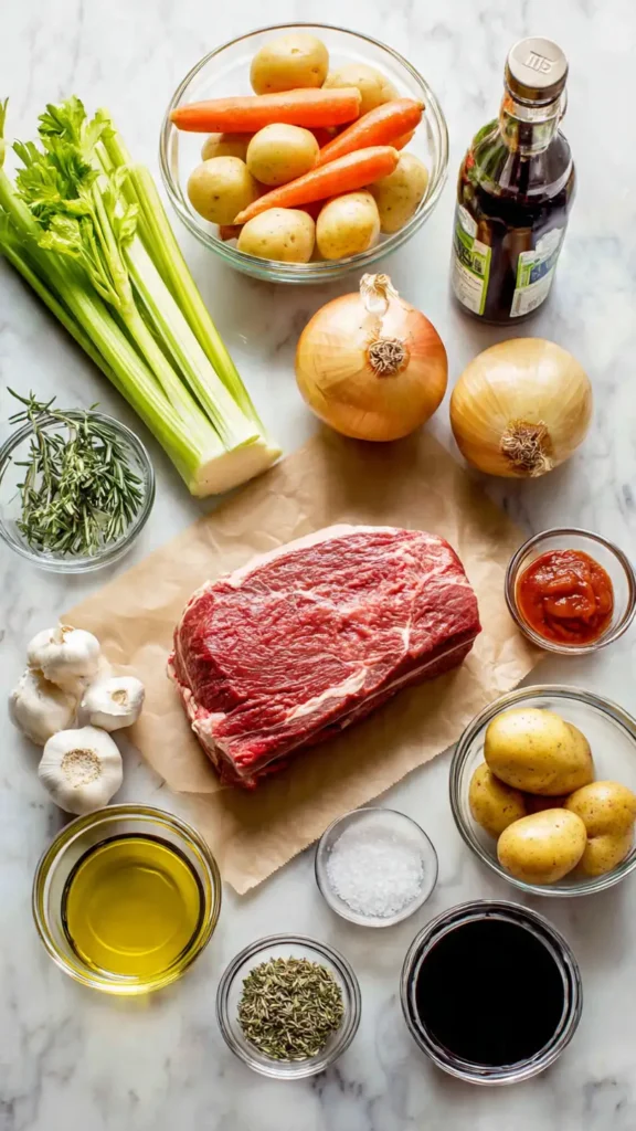 All ingredients for crockpot chuck roast laid out including beef, vegetables, red wine, and herbs