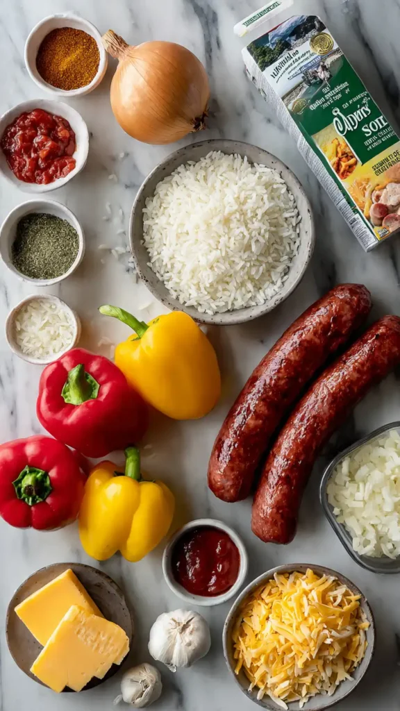 Ingredients for cheesy smoked sausage rice skillet including kielbasa, rice, bell peppers, cheese, and seasonings arranged on marble countertop