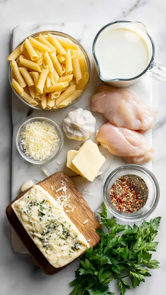 All ingredients needed for creamy garlic parmesan chicken pasta arranged on marble countertop