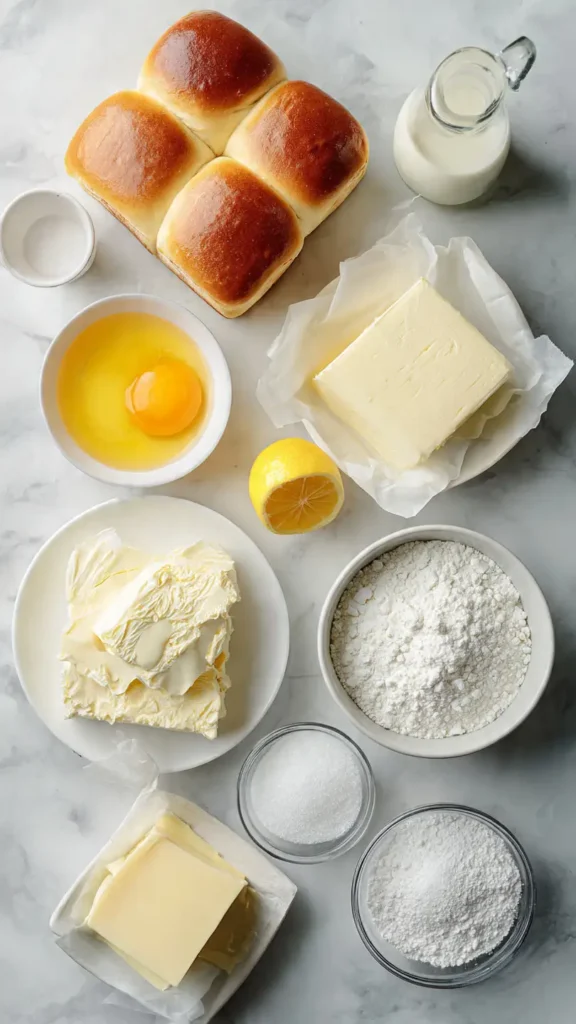 Overhead view of ingredients including Hawaiian sweet rolls, cream cheese, eggs, butter, and sugar on white marble surface