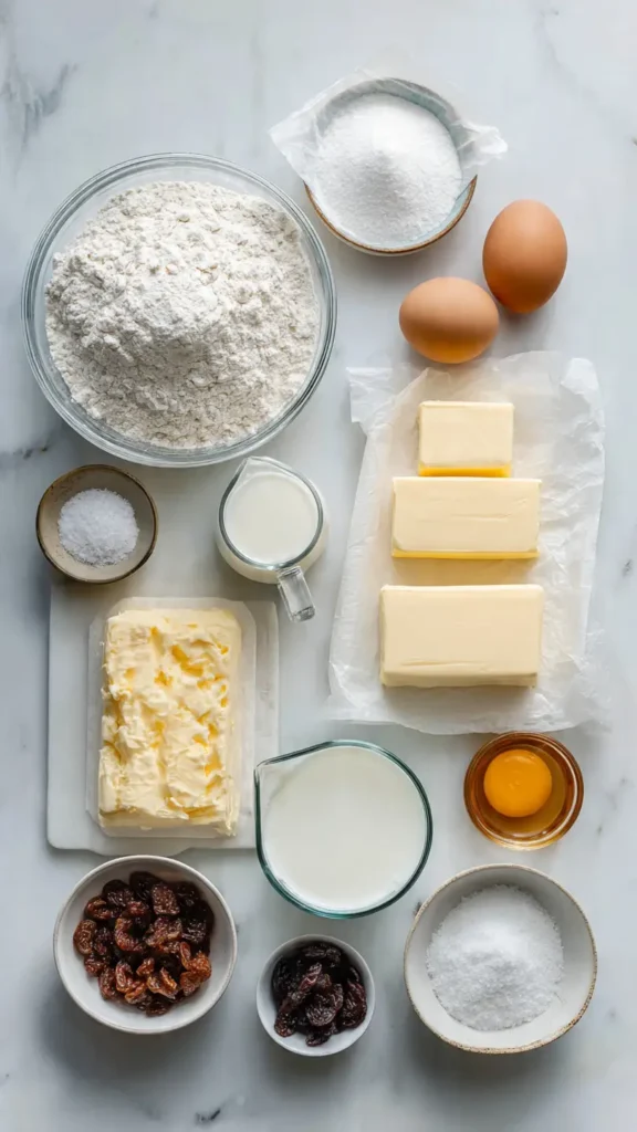 Overhead view of all ingredients needed for Japanese cream cheese raisin buns including bread flour, cream cheese, raisins, and butter