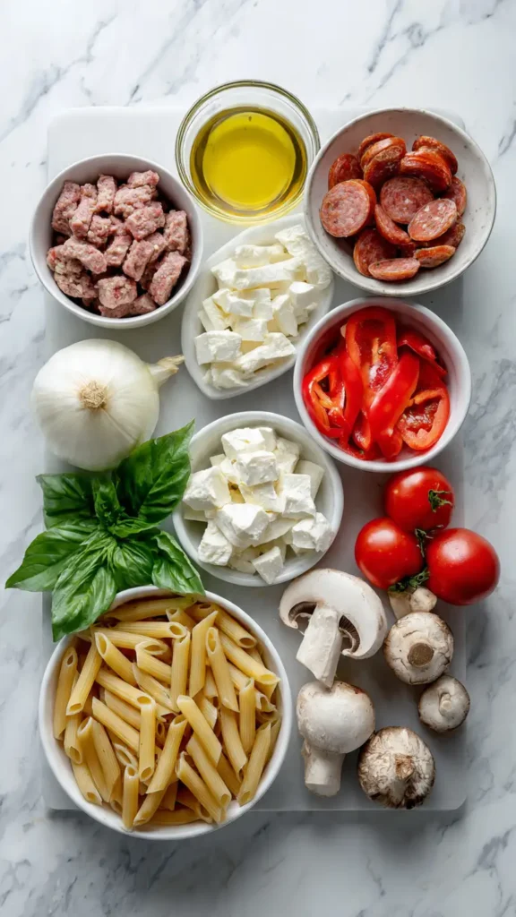 Overhead view of fresh ingredients for Italian casserole including penne pasta, Italian sausage, mozzarella cheese, vegetables, and tomatoes