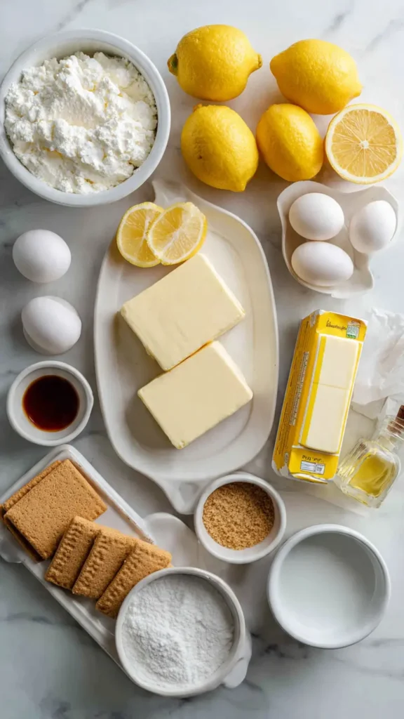 Ingredients for lemon cheesecake dump cake laid out on marble counter including cream cheese, lemons, and cake mix