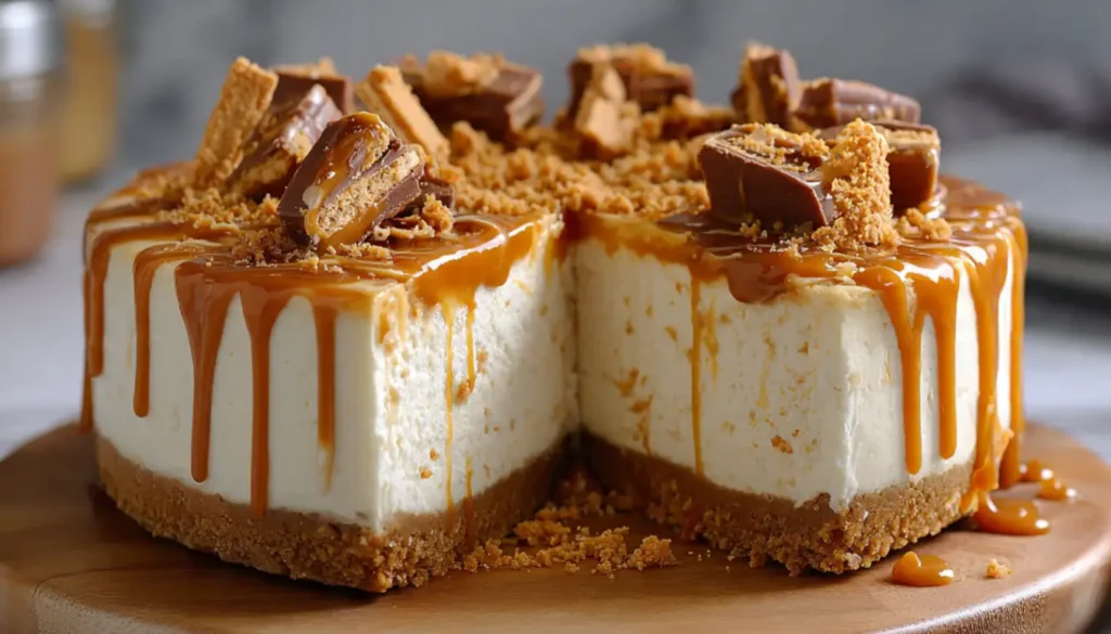 Lotus Biscoff caramel cheesecake with glossy caramel topping and cookie decorations on white cake stand