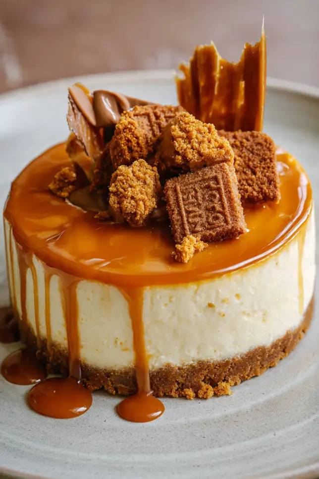 Lotus Biscoff caramel cheesecake with glossy caramel topping and cookie decorations on white cake stand