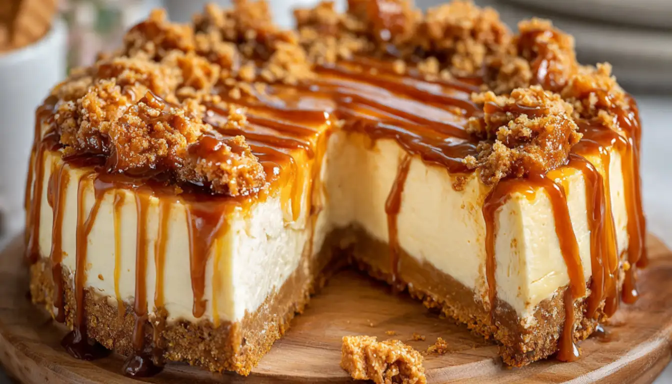 Lotus Biscoff caramel cheesecake with glossy caramel topping and cookie decorations on white cake stand