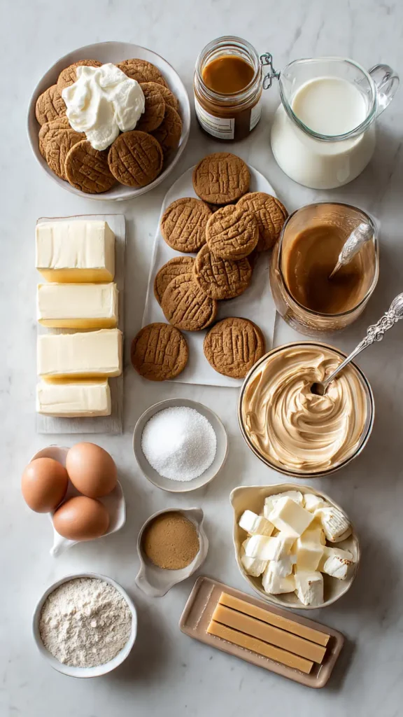 All ingredients for Lotus Biscoff caramel cheesecake arranged on marble countertop including Biscoff cookies, cream cheese, and caramel ingredients