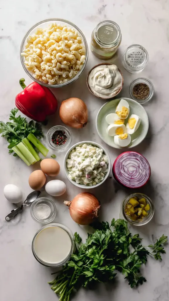Macaroni salad recipe ingredients including pasta, mayonnaise, vegetables, eggs, and spices arranged on white marble counter