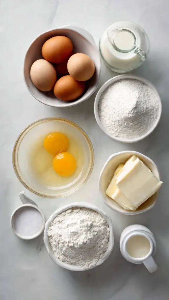 Overhead view of ingredients for vanilla magic custard cake including eggs, milk, butter, sugar, and vanilla on marble counter