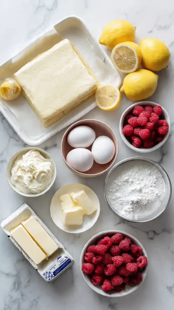 Baking ingredients for mascarpone puff pastry including puff pastry sheet, lemons, eggs, mascarpone cheese, heavy cream, and fresh berries arranged on marble surface
