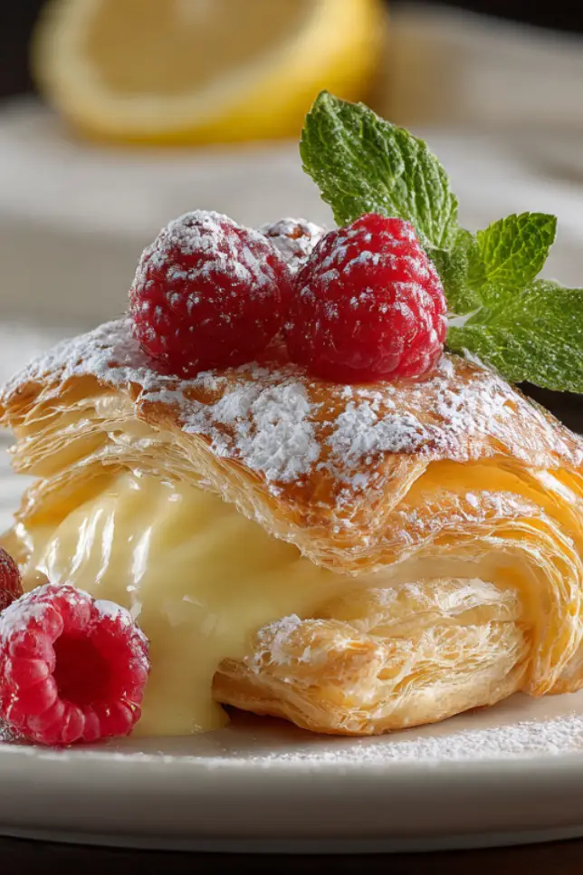 Golden puff pastry topped with bright lemon curd and mascarpone cream, garnished with fresh raspberries on white marble surface