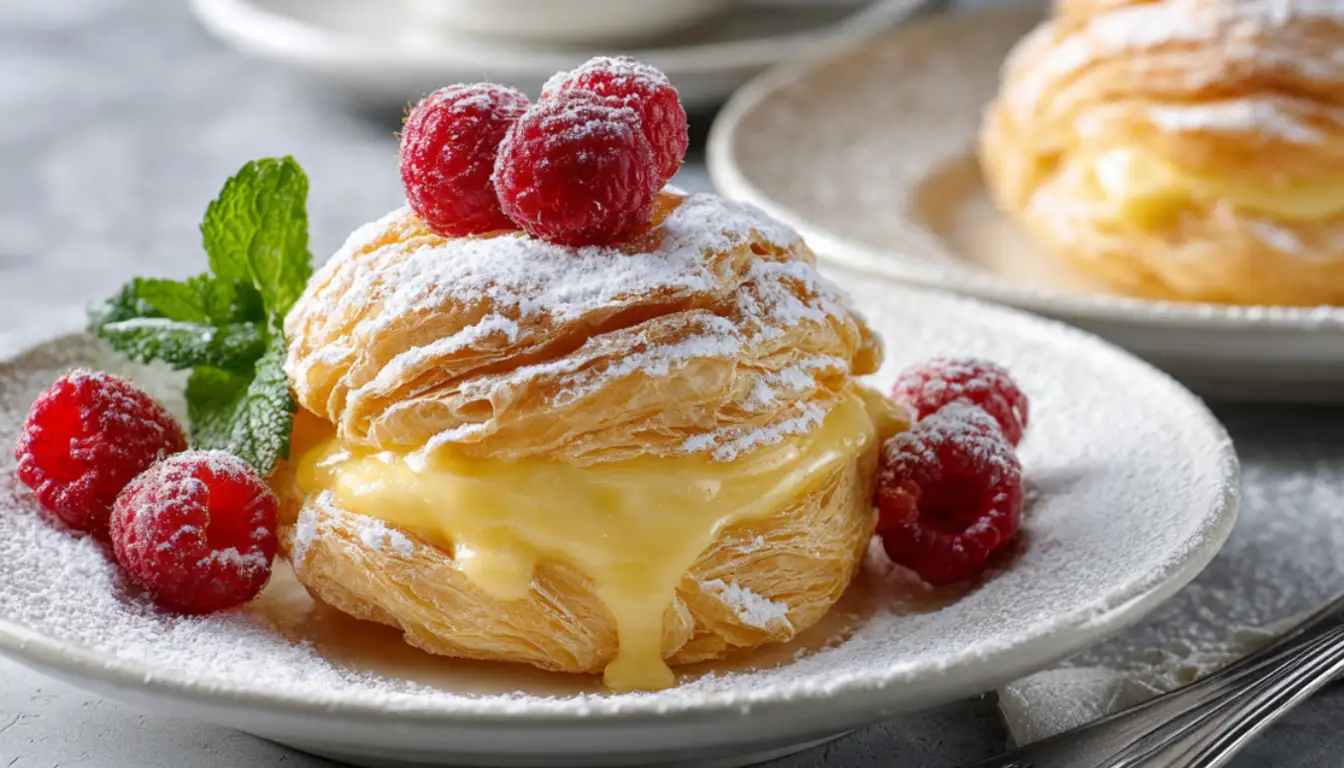 Golden puff pastry topped with bright lemon curd and mascarpone cream, garnished with fresh raspberries on white marble surface