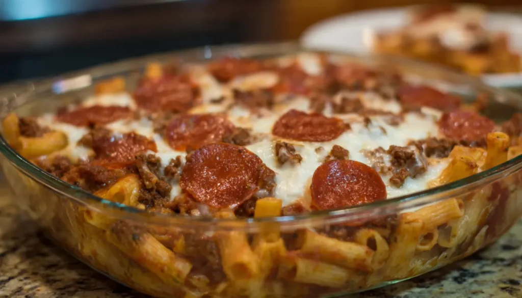 Bubbling meat lovers pizza pasta bake with golden cheese and pepperoni on top in a white baking dish