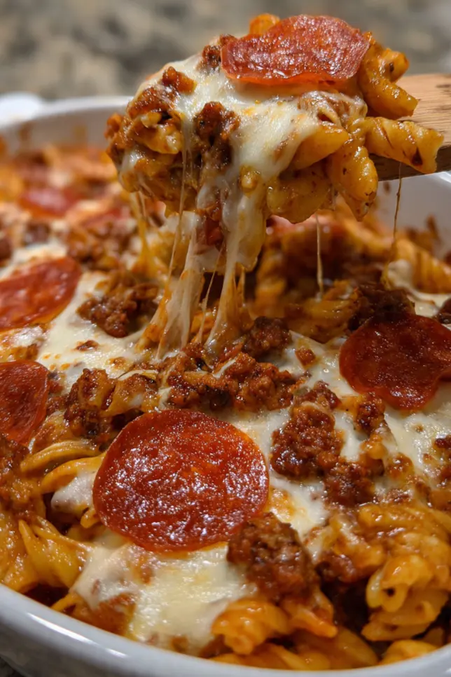 Bubbling meat lovers pizza pasta bake with golden cheese and pepperoni on top in a white baking dish