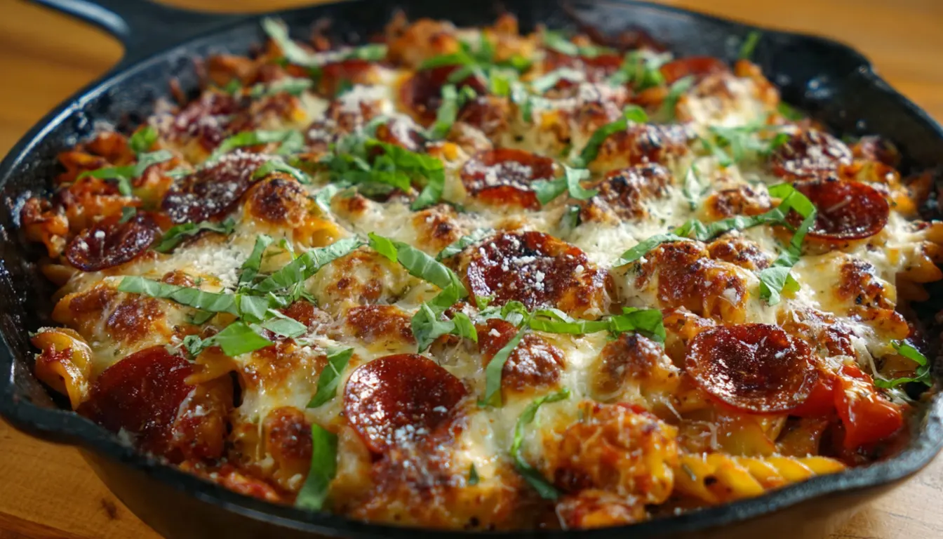 Bubbling meat lovers pizza pasta bake with golden cheese and pepperoni on top in a white baking dish