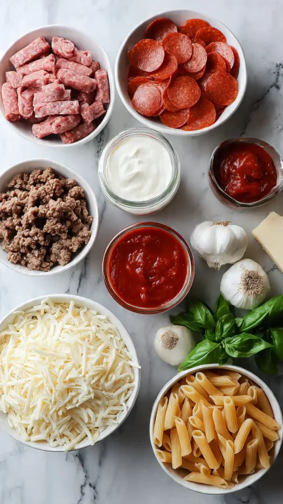 All ingredients for meat lovers pizza pasta bake laid out on marble countertop including meats, pasta, cheese, and sauce